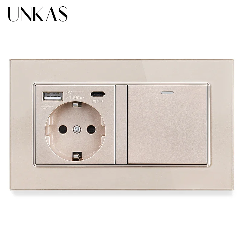 الأبيض نوع C جدار منفذ USB الاتحاد الأوروبي القياسية 16A المقبس 1 2 3 4 عصابة 1 / 2 طريقة تشغيل / إيقاف زر الزجاج المقسى لوحة المخرج #3