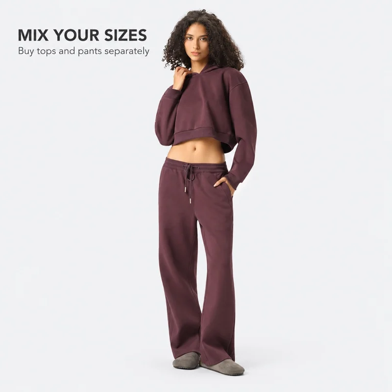 Womens Cotton Blend Hoodie Jacket Pants Separate Pieces Sports Casual Loose Fit Long Sleeve Solid Color Crop Top Sweatpants Set