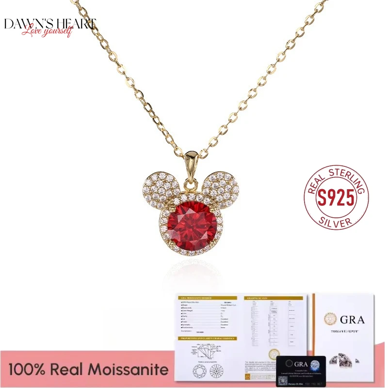 

S925 Sterling Silver Necklace for Women Red Moissanite Adorable Cute Mickeyy Mouse Pendant Birthday Gift for Girls