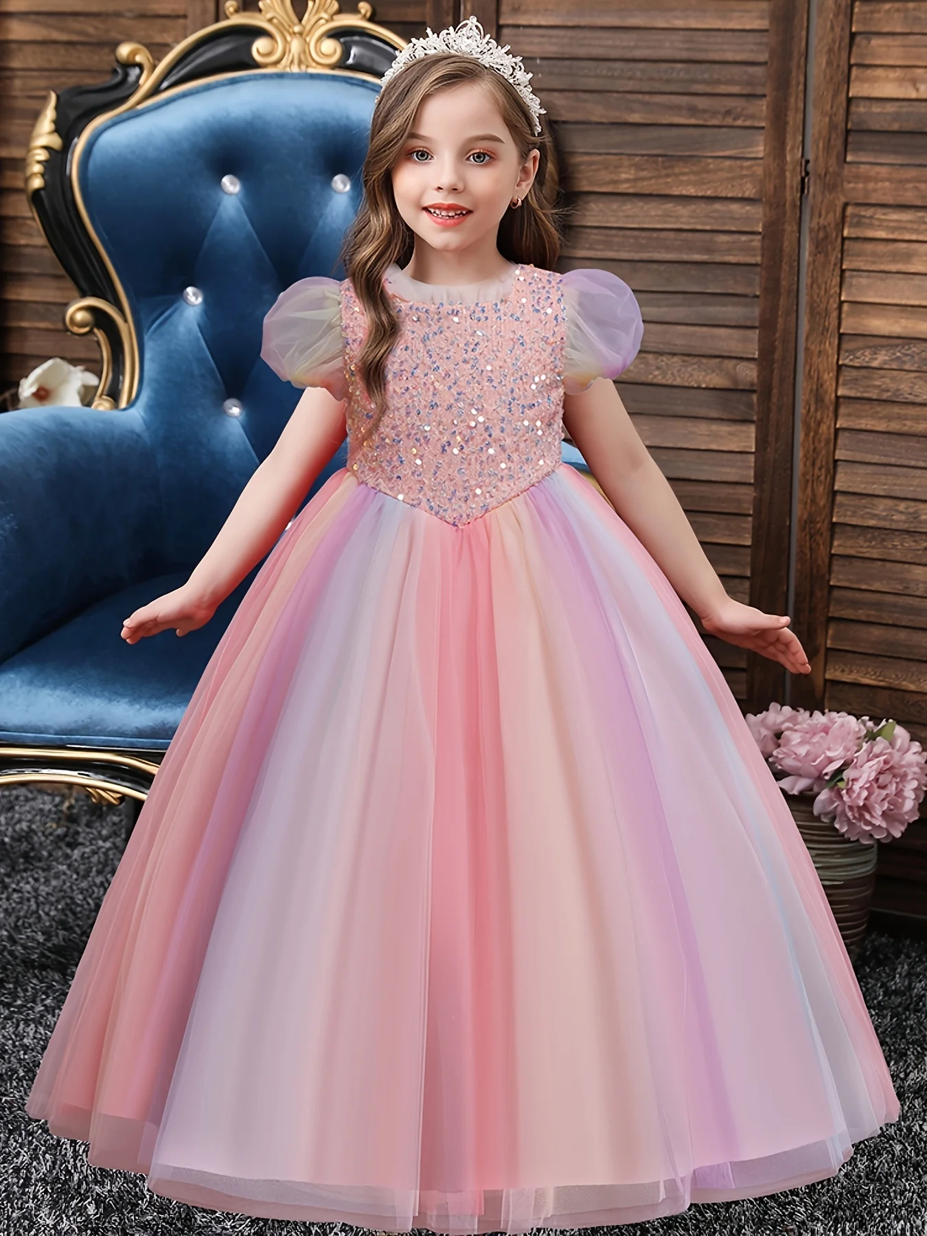 Girls Dress Color Mesh Dress Long Sequin Children's Skirt Girls Piano Host Costumes#323