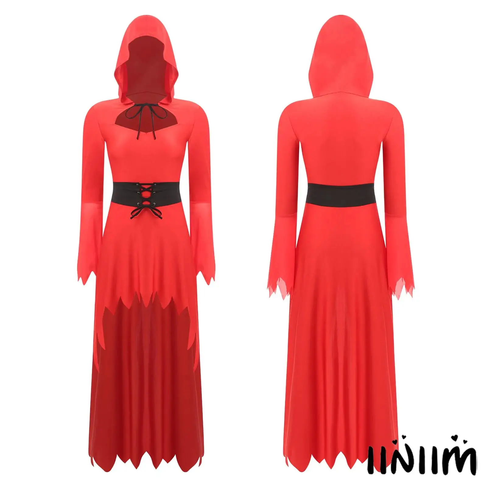 

Enchanting Devil Party Dress Women Hooded Long Sleeve Gown High Low Hem Flared Silhouette with Waist Belt for Cosplay Events
