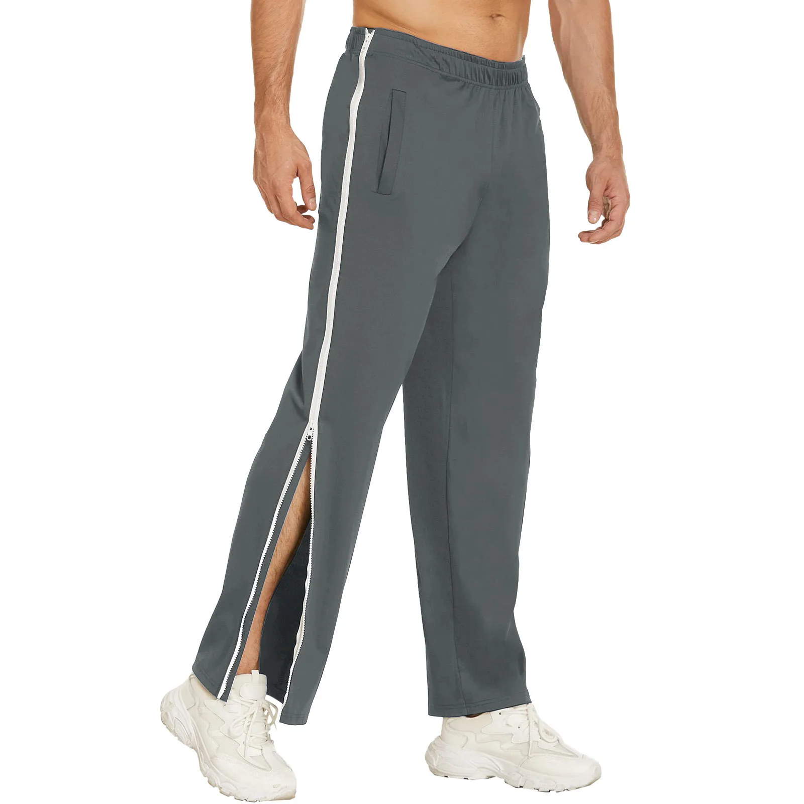 

Men Summer Trousers Full Zipper Sweatpants Jogging Pants Loose Casual Sportswear With Pockets Elastic Waistband Thin Streetwear