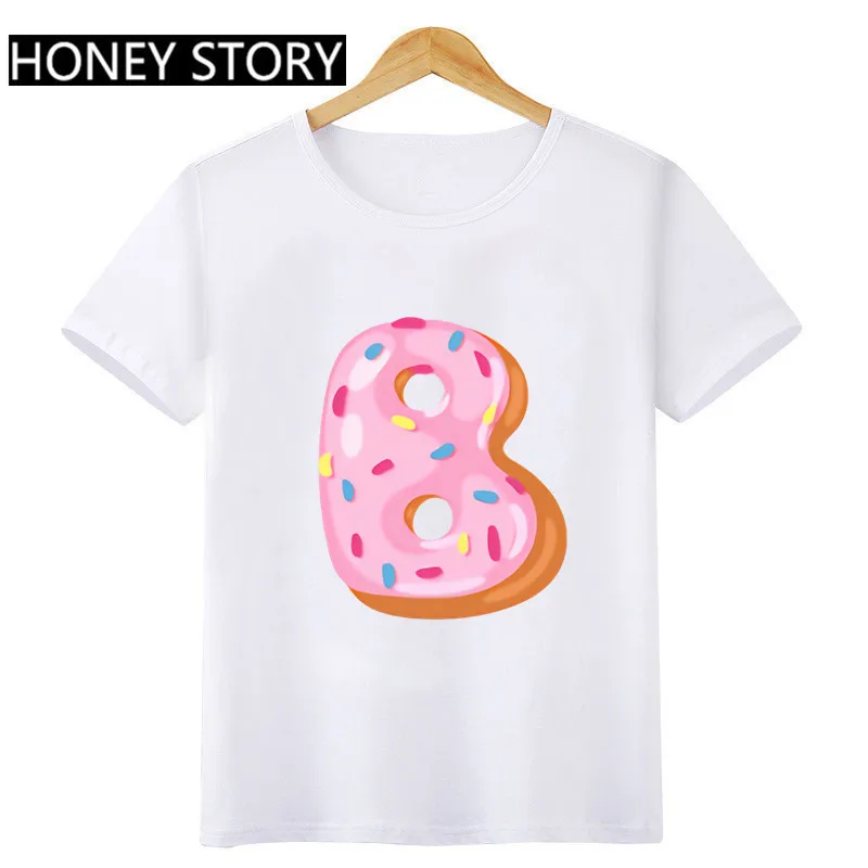 Rosquilla rosa con estampado de dibujos animados para niños y niñas, manga corta con cuello redondo, 26 letras en inglés, ABC