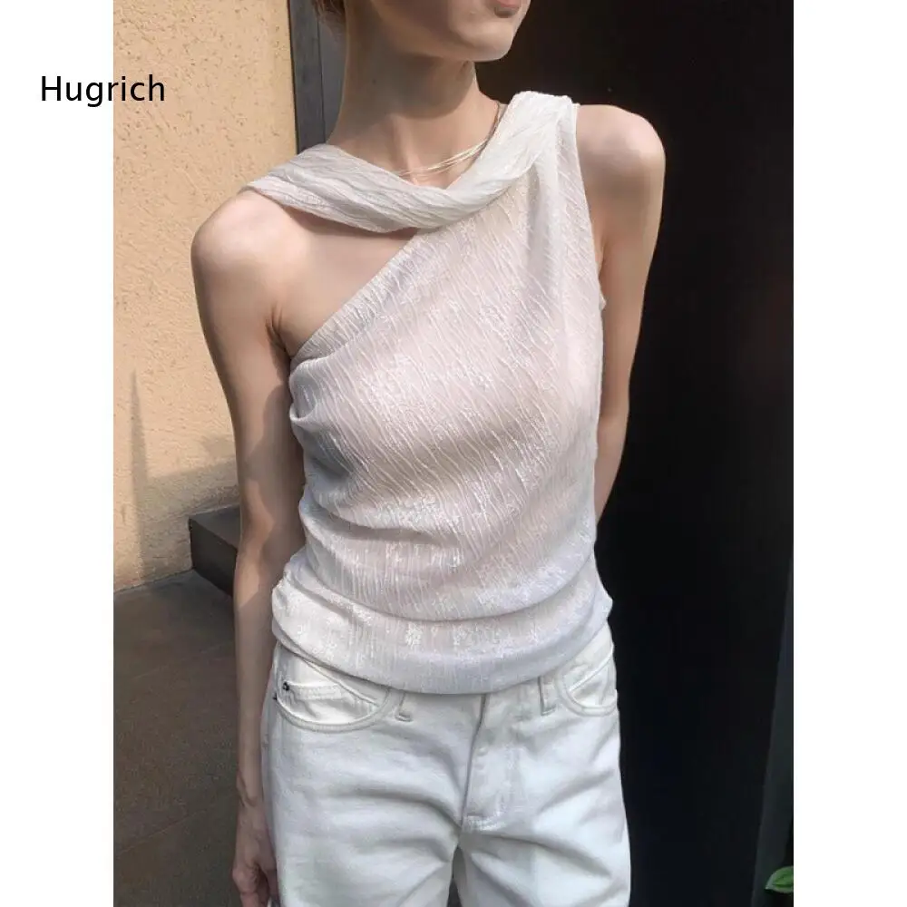 Asymmetric Twisted Neck Halter Top For Women Textured Sleeveless Slim Fit Blouse For Daily Wear And Social Gatherings