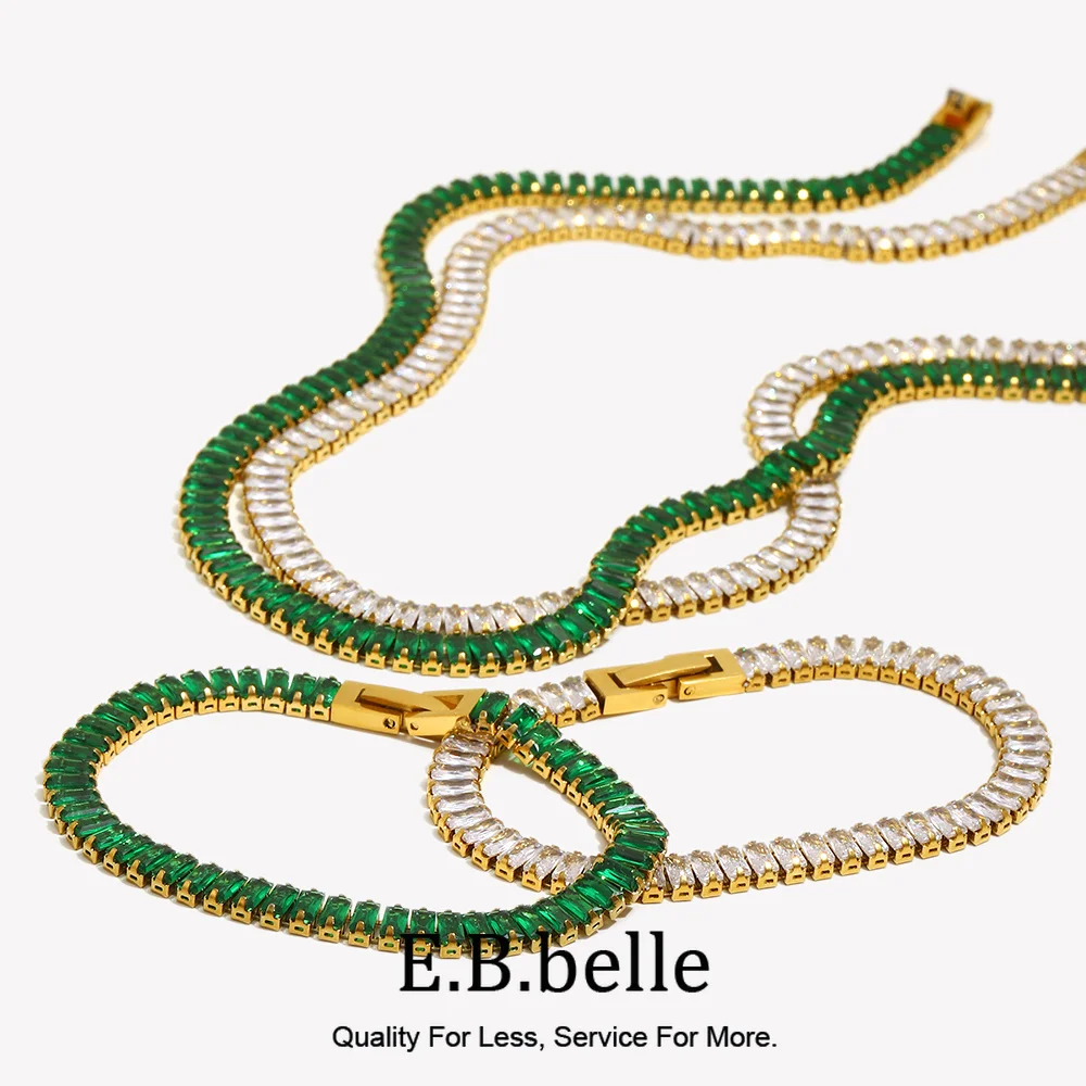 E.B.belle Christmas Jewelry Gift Blingbling Square Cubic Zirconia Green Pink White Tennis Chain Bracelet Necklace Jewelry Set