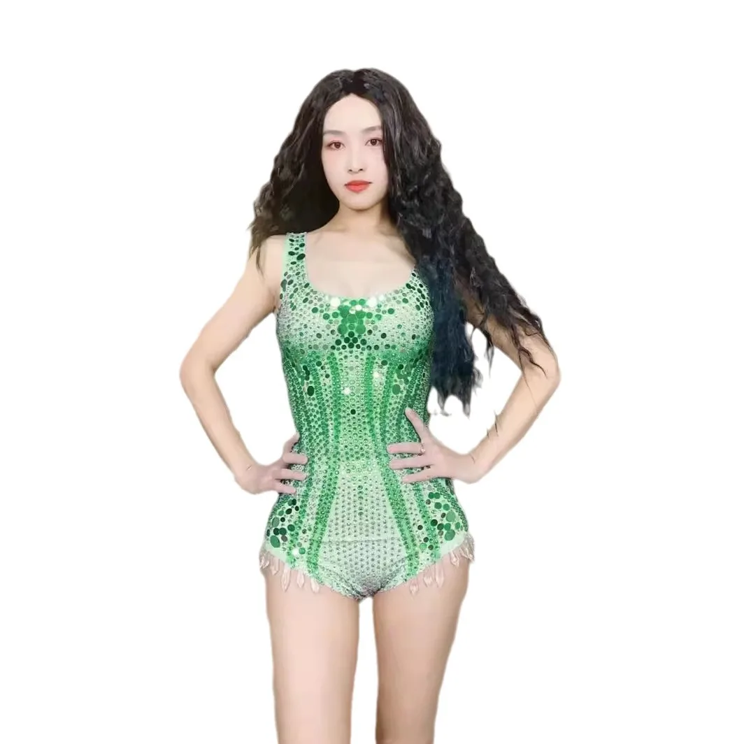 

Sexy Rhinestone Sequined Vest Bodysuit - Bar Nightclub DJ Gogo Costume Robe Femme Chic Et Élégante Платье Брюки Женское Вечернее