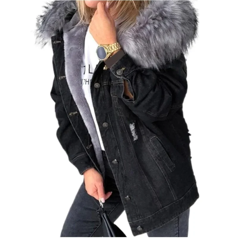 Winter Fur Jacket Women Denim Coats Faux Hooded Jean Thick Long Sleeve Frayed Overcoat Outwear Vintage Cotton Female Coat