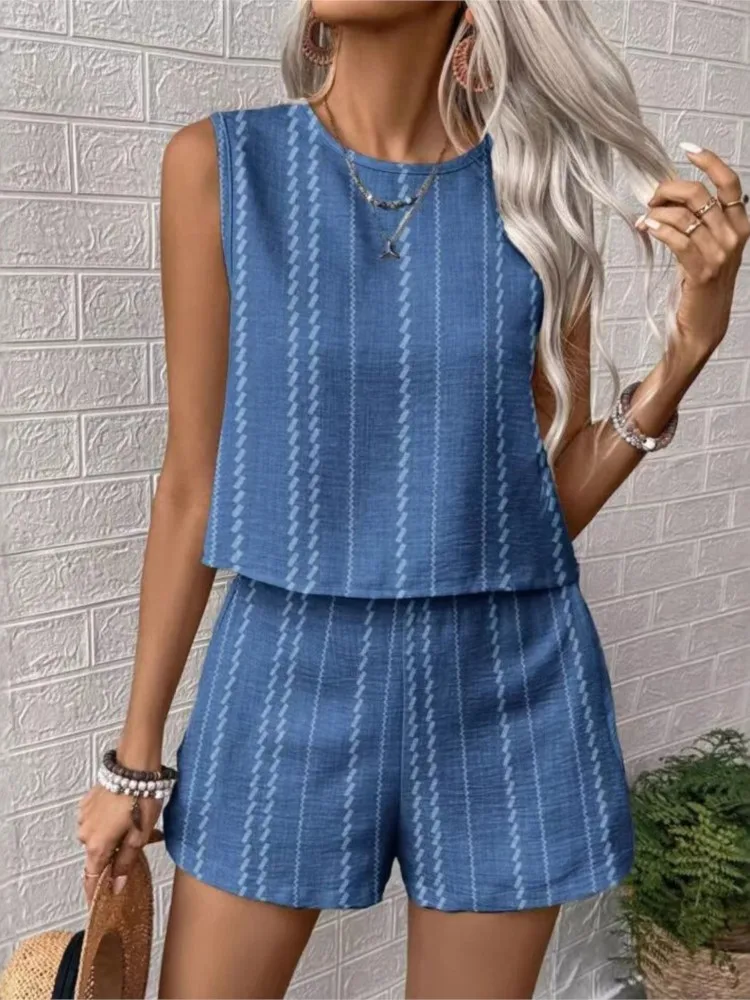 

Lady Striped Top Set Fashion Sleeveless O-Neck Pullover Top High Waist Shorts Two Piece Sets For Women Summer Casual Holiday Set