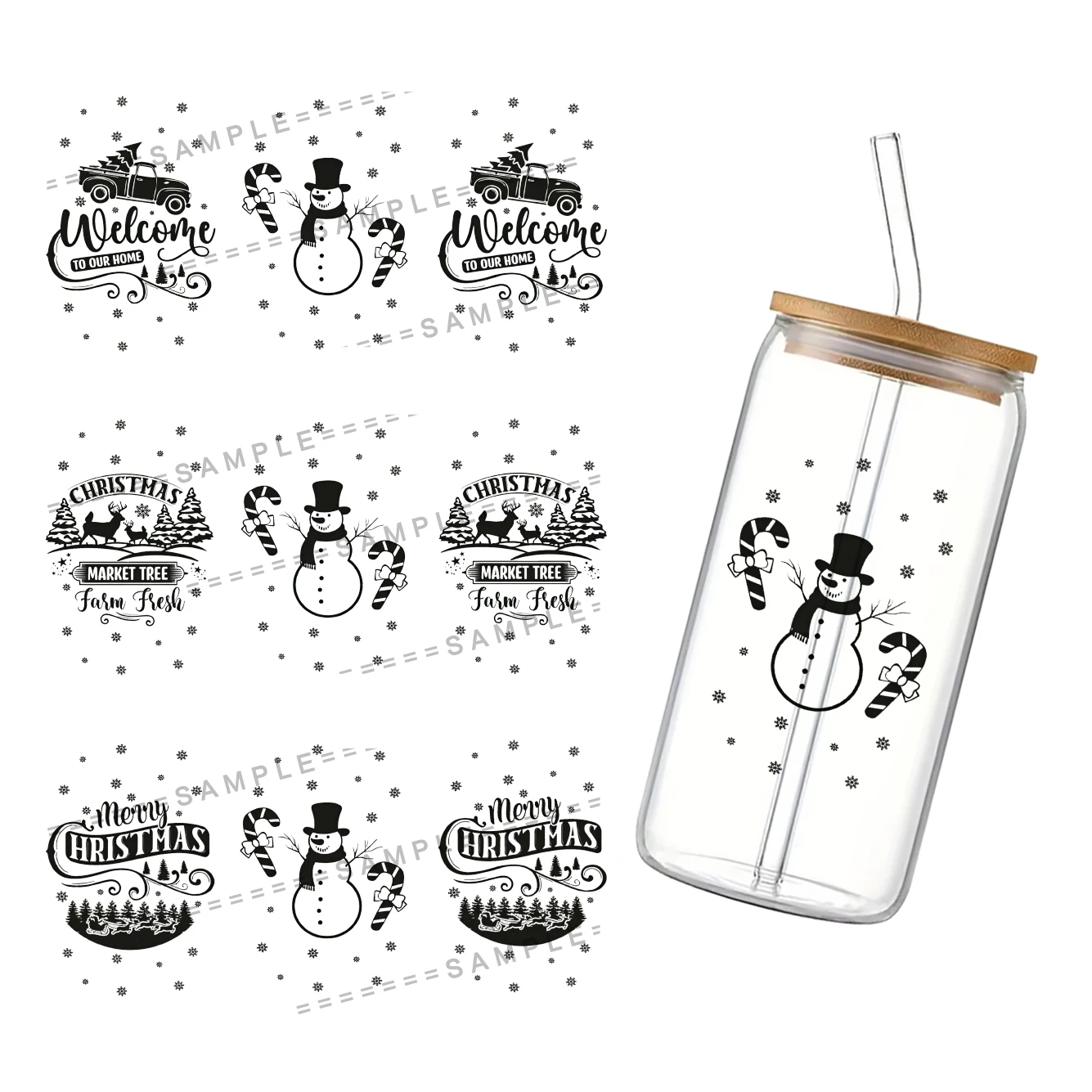 Christmas Series UV DTF Cup Wrap for 16Oz Libbey Glass Can DIY Transfer Sticker