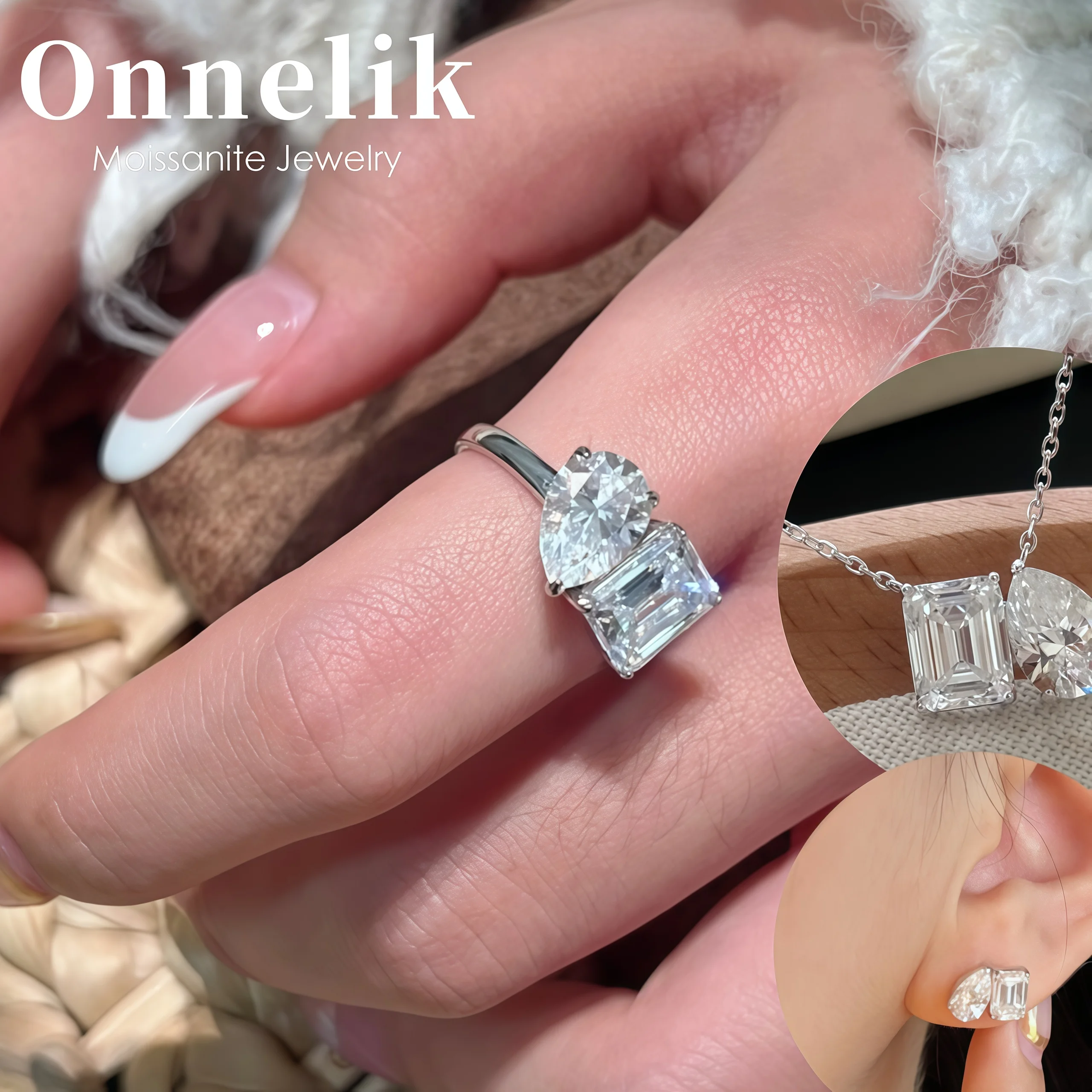 

Onnelik S925 Стерлингового Серебра D Цвет Муассанит Ювелирные Изделия Костюм Элегантное Минималистское Ожерелье Ключицы Серьги Кольцо Подарок для Женщин