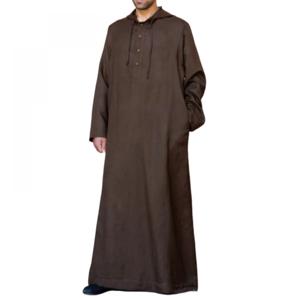 

Film Male Long Sleeve Kaftan Thobe Button Down Cosplay Costume Khaki White Men Thobe with Pocket Big and Tall Muslim Men Uniform