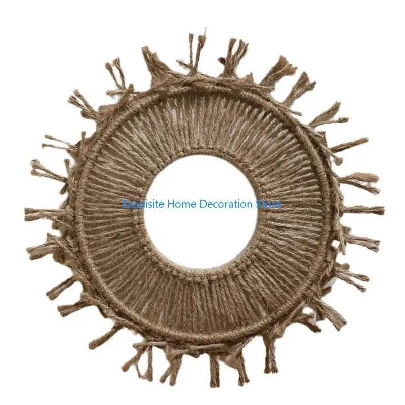L5BF Woven Cotton Rope Macrames Fringed Wall Hanging Mirror with Tassels Detailing