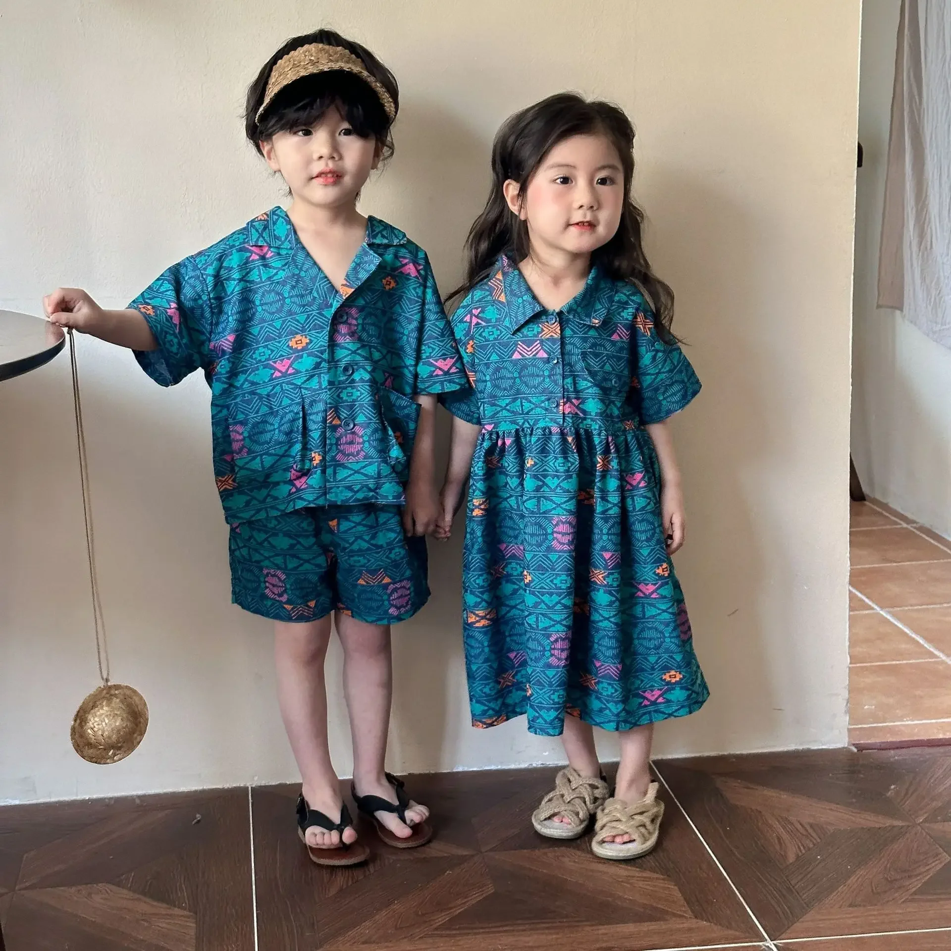 Children Clothing Summer Denim Set Holiday Style Boy Shirt Pants Set 2024 New Casual Baby Girl Dress Brother and Sister Dress