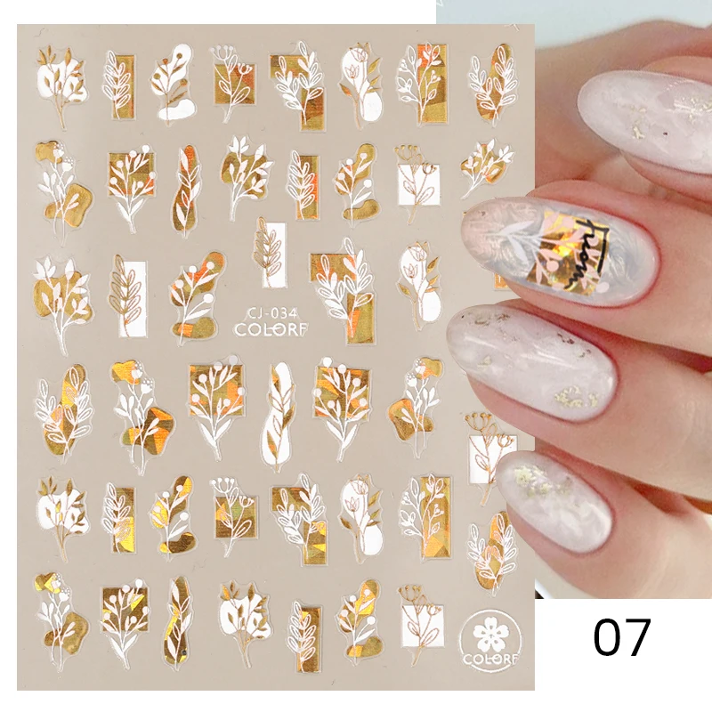 3D White Gold Flowers Leaves Nail Stickers Nail Art Supplies Abstract Line Art Stickers Nail Art Decals Nail Art Decoration