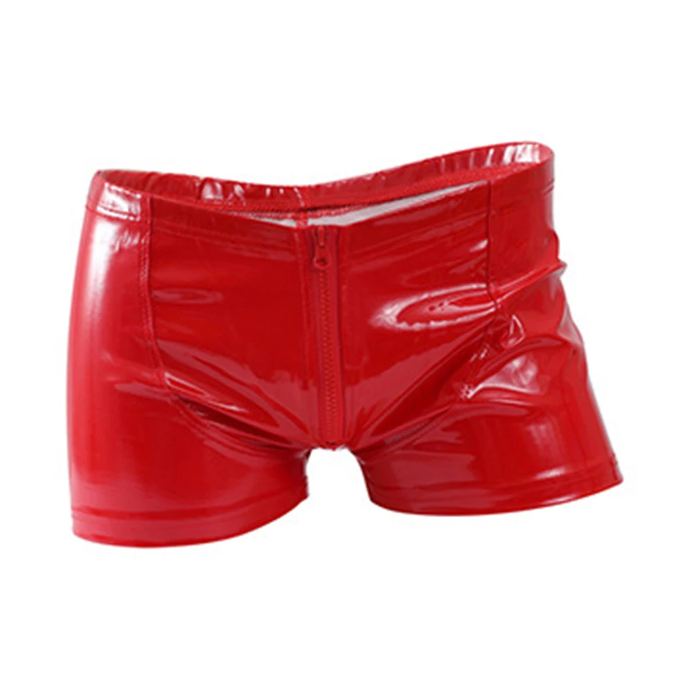 Sexy Mens Shiny PU Leather Zipper Shorts Underpants Hot Men\'s Bright Leather Underwear Bulge Gay Homme Panties