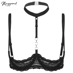 Womens Halter Neck O Ring 1/4 Cups Underwire Bra Sexy Lace Push Up Brassiere Breast Underwear Lingerie Spaghetti Straps Tops