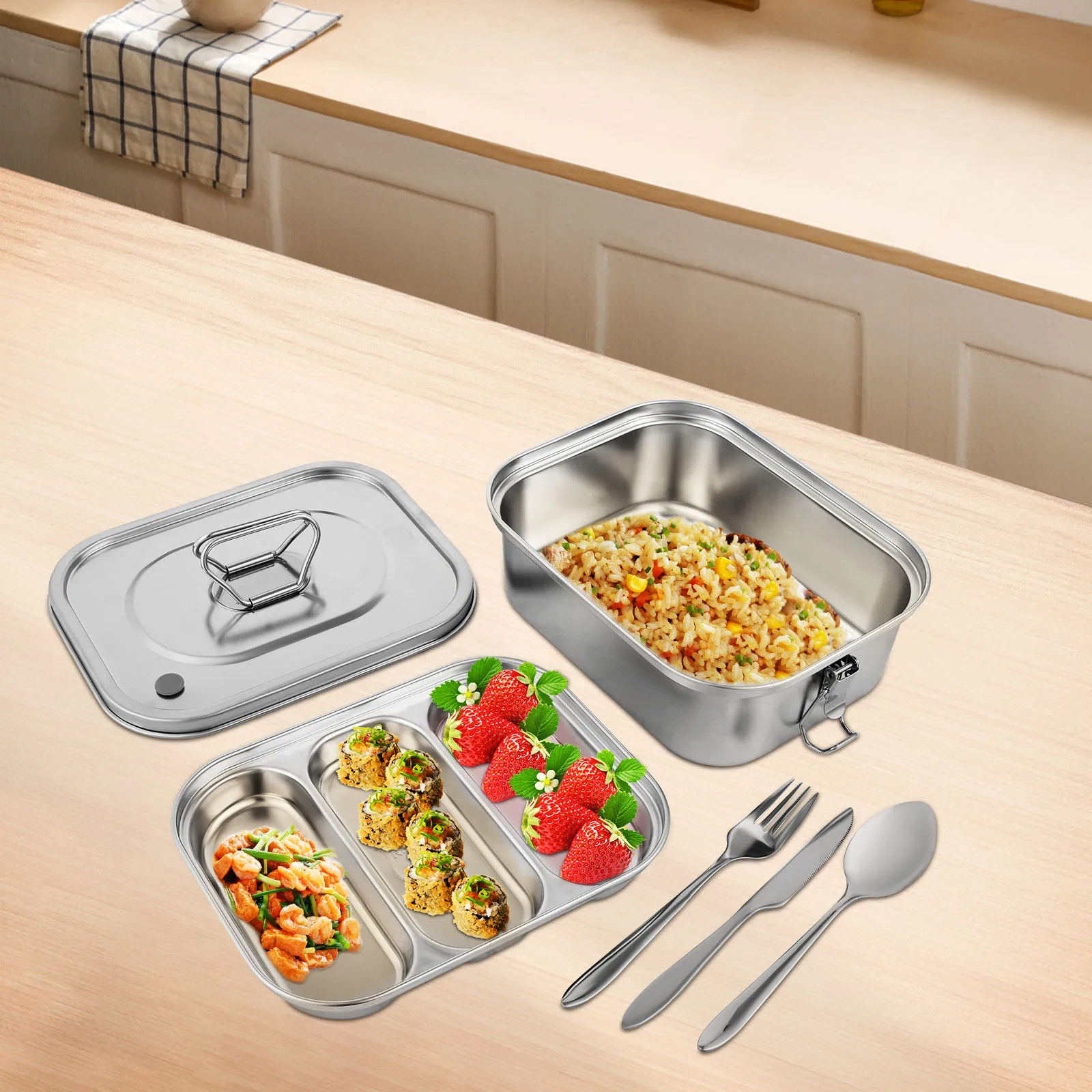 

Food Box 304 Stainless Steel Double Layer 4 Compartment Large Capacity Food Container with Vent Valve for Travel Work Camping