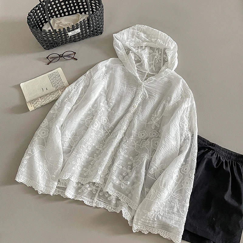 

White Embroidered Hooded Sunscreen Shirt Women Summer Korean Style Long Sleeve Loose Cardigan Tops Casual Female Clothing