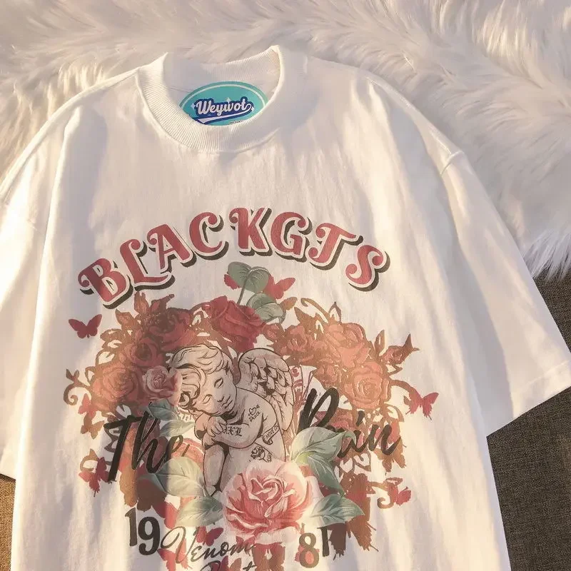 2024 American retro Rose Angel print short sleeve T-shirt for men and women loose and versatile fashion clothes ins y2k top