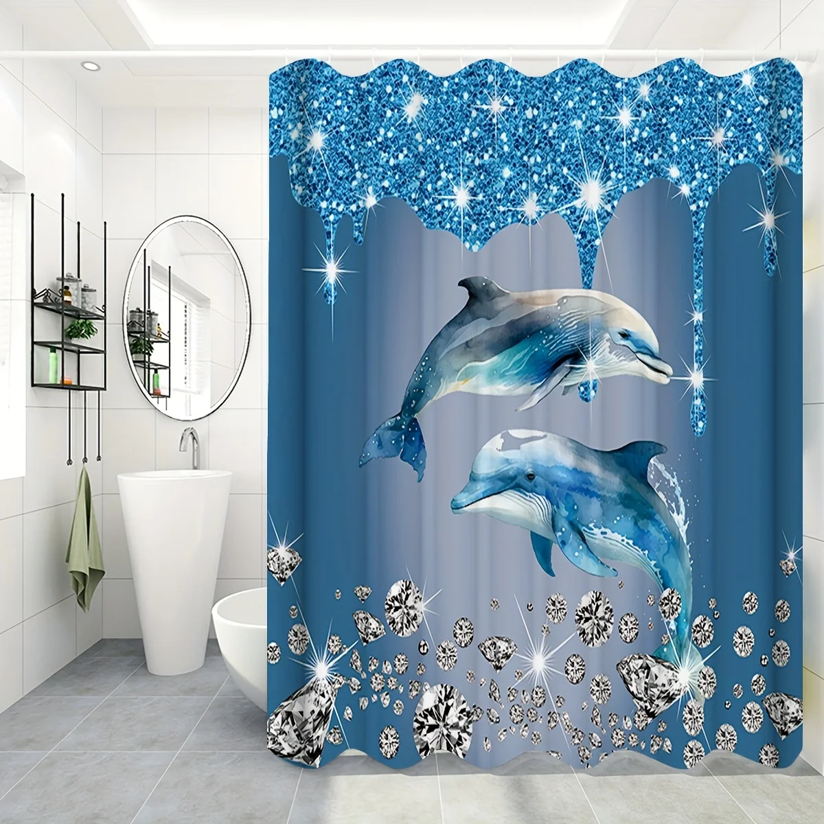 1pc Shower Curtain - Sparkling Dolphins with Shimmering Diamonds in a Deep Blue Ocean Design Waterproof