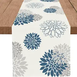 Blue Gray Dahlia Pinnata Flower Linen Table Runner Dresser Scarve Farmhouse Kitchen Dining Table Runner Holiday Party Decoration