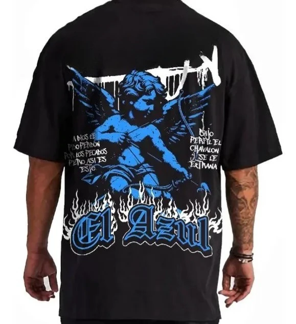 Men's Sad Boy Blue Cherub Angel Vintage Washed T-Shirt, Latin Urban Streetwear Graphic Tee