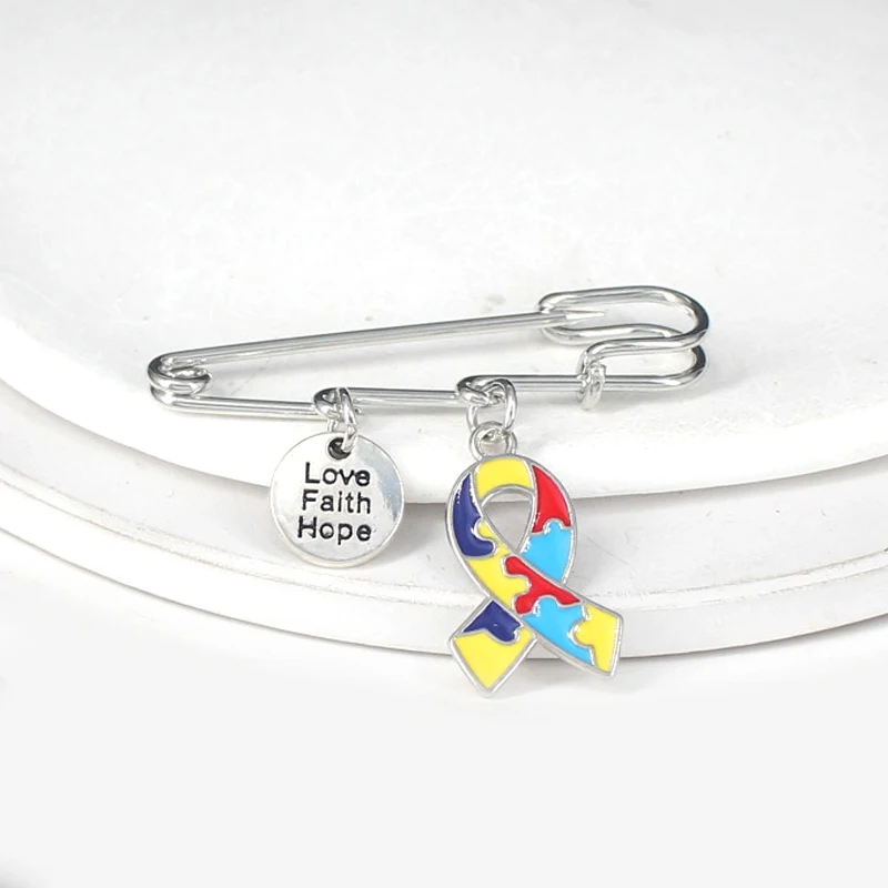 New Arrival Awareness Pin Puzzle Piece Ribbon Autism Pin Brooch Safety Pins Clothes Jewelry Accessroies