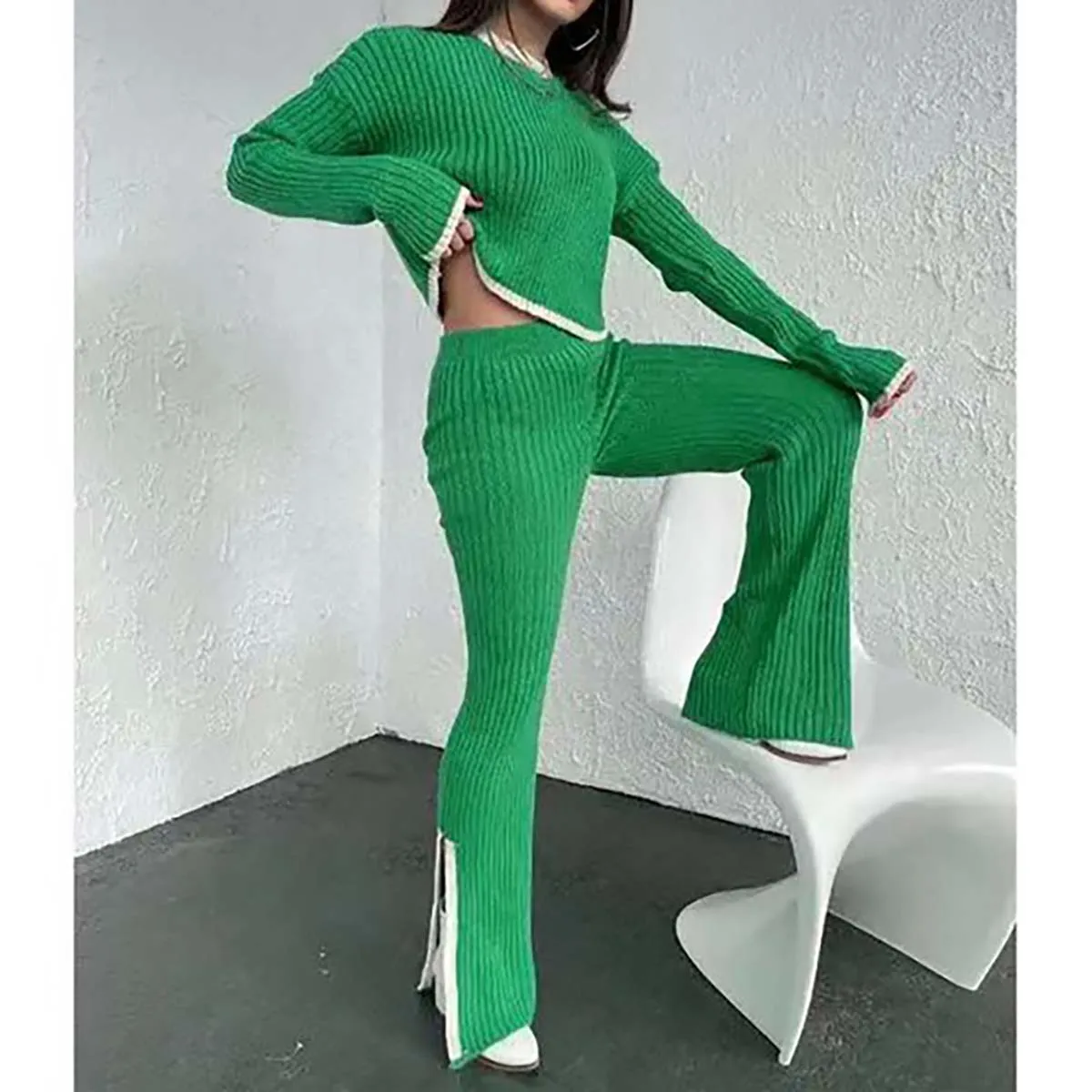 Autumn Winter 2 Pieces Women\'s Oufit Sets Knitted Tracksuit O-Neck Sweater and Wide Leg Jogging Pants Female Suits