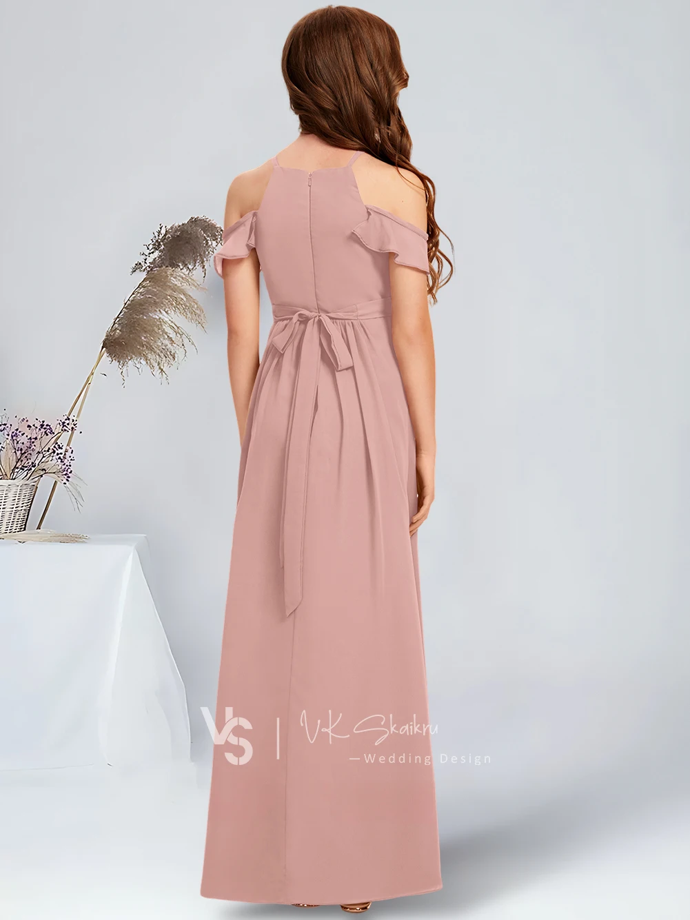 Elegant A-Line Halter Floor-Length Chiffon Junior Bridesmaid Dress Stunning Dusty Rose Flower Girl Gown for Wedding Party Teens