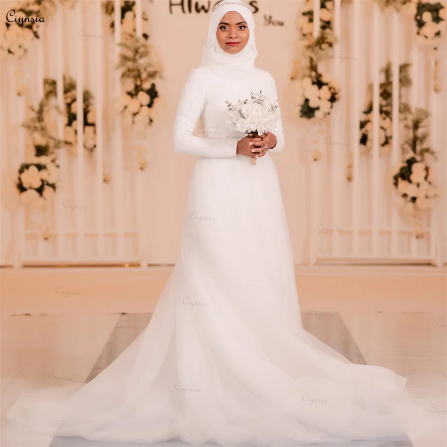 

Ciynsia Muslim Long Sleeve Wedding Gown New 2024 High Neck A-Line Glitter Tulle Beaded Dubai Hijab Bridal Dresses Abito Da Sposa