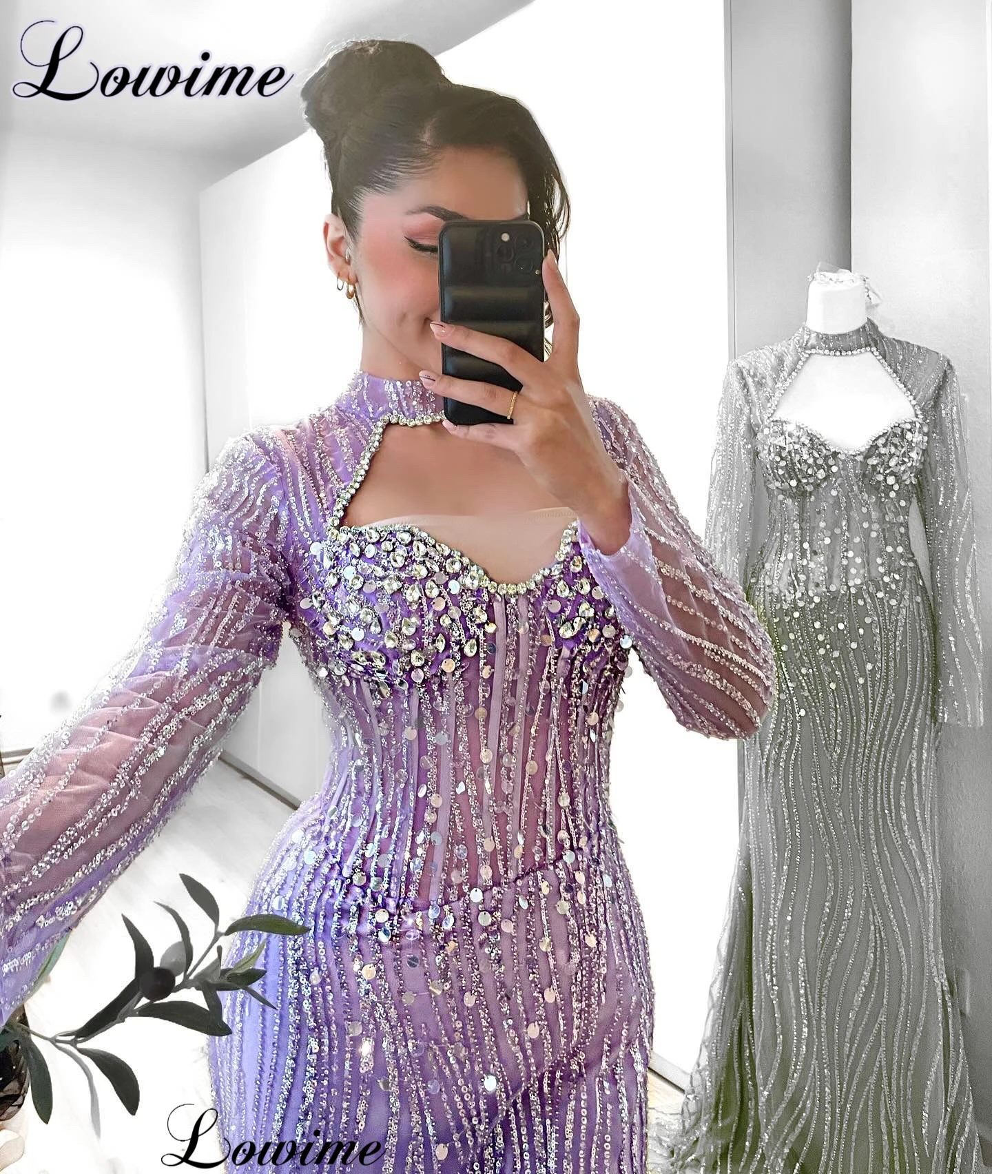 Light Purple Simple Cocktail Dresses Mermaid Long Sleeves Evening Gowns With Crystals Vestidos De Gala Birthday Party Dresses