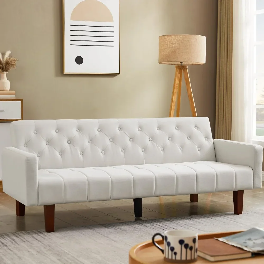 Folding Futon Sofa Bed, Convertible Sleeper Sofa Couch, Tufted Upholstered Loveseat Sofa with Solid Wood Legs, Beige