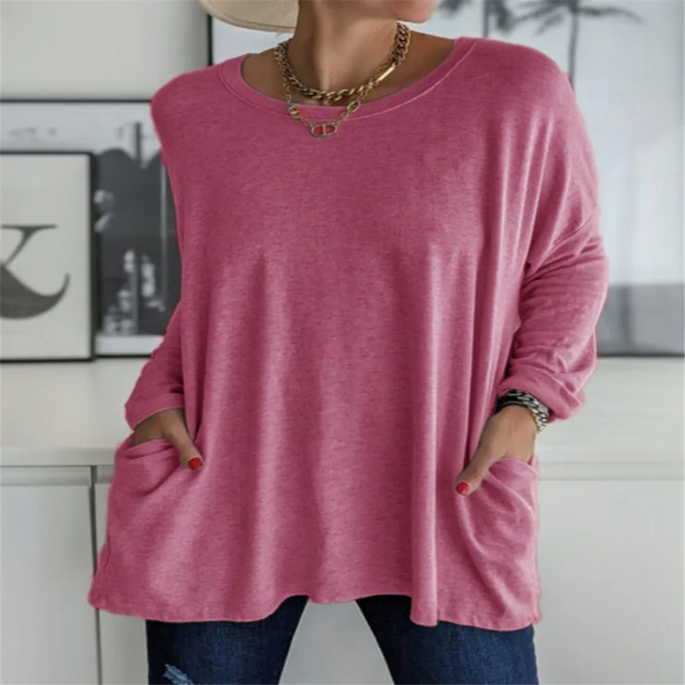 

Women's Top Autumn Long Sleeve O Neck Loose T-Shirt Fashion Pocket Solid Loose Tops Lady Spring Casual Vintage TShirts Pullovers