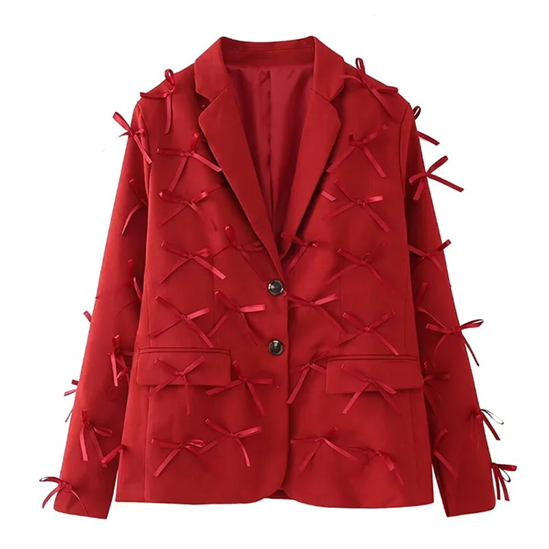 

Bow Decoration Beige Red Black Suit Jacket Women Spring Autumn Casual Single-breasted Notched Collar Long Sleeve Blazers Coat