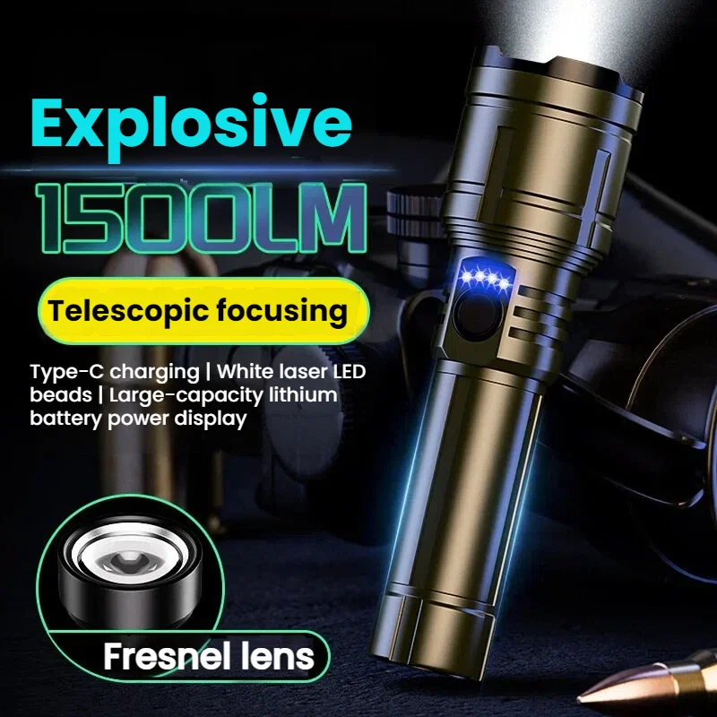 

Мощный светодиодный фонарь с зарядкой Type-C, телескопическим зумом, водонепроницаемый, для дома, улицы, поиска, патрулирования, кемпинга