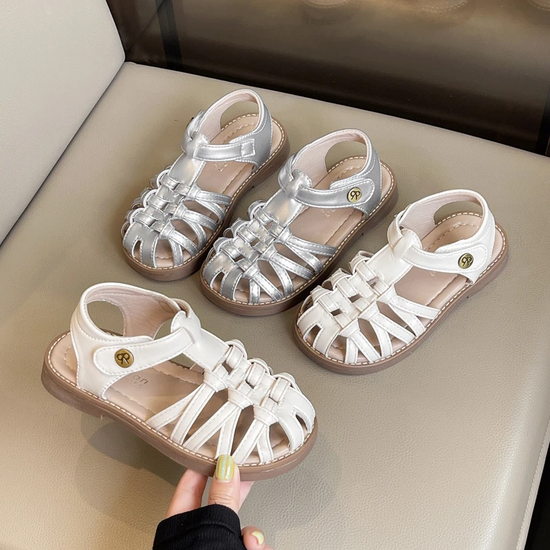 

Girls Gladiator Sandals Summer New Children Fashion Woven Flat Sandals Hollow-out Trend Silver Beige Causal Kids School Sandals