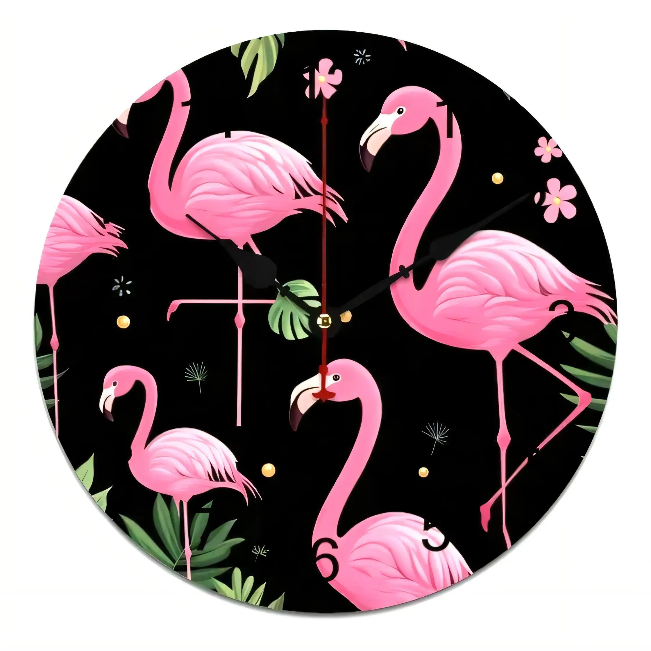 Modern Flamingo Wall Clock  Black Background Tropical Leaves Pink Birds Home Decor Silent Non Ticking Battery Operated