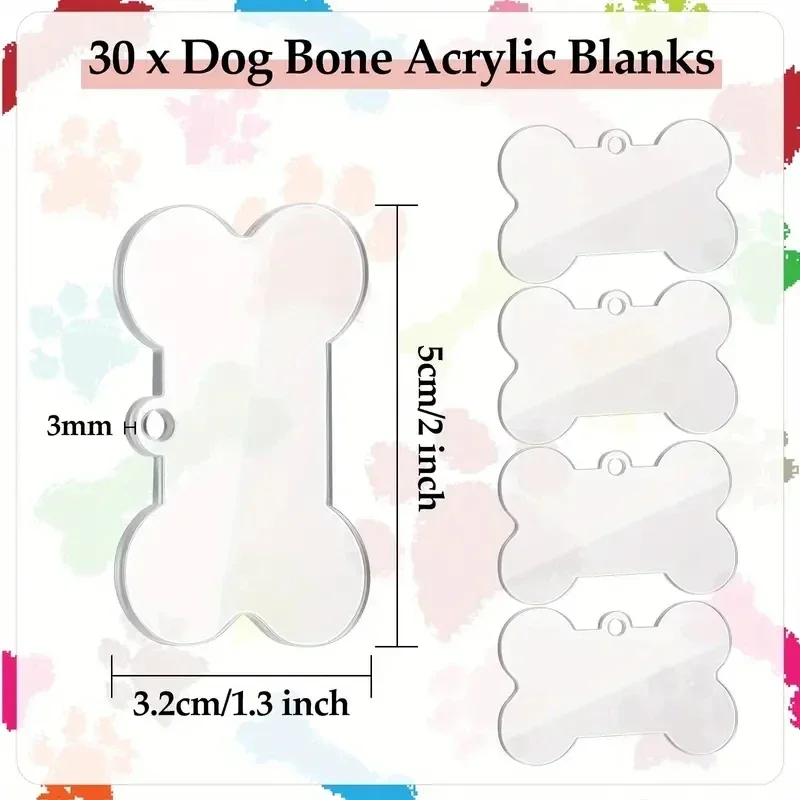 50/30 Pcs Sublimation Blank Dog Tags Clear Acrylic Keychain Blanks Dog Bone Shape Transparent Discs Precut Blanks