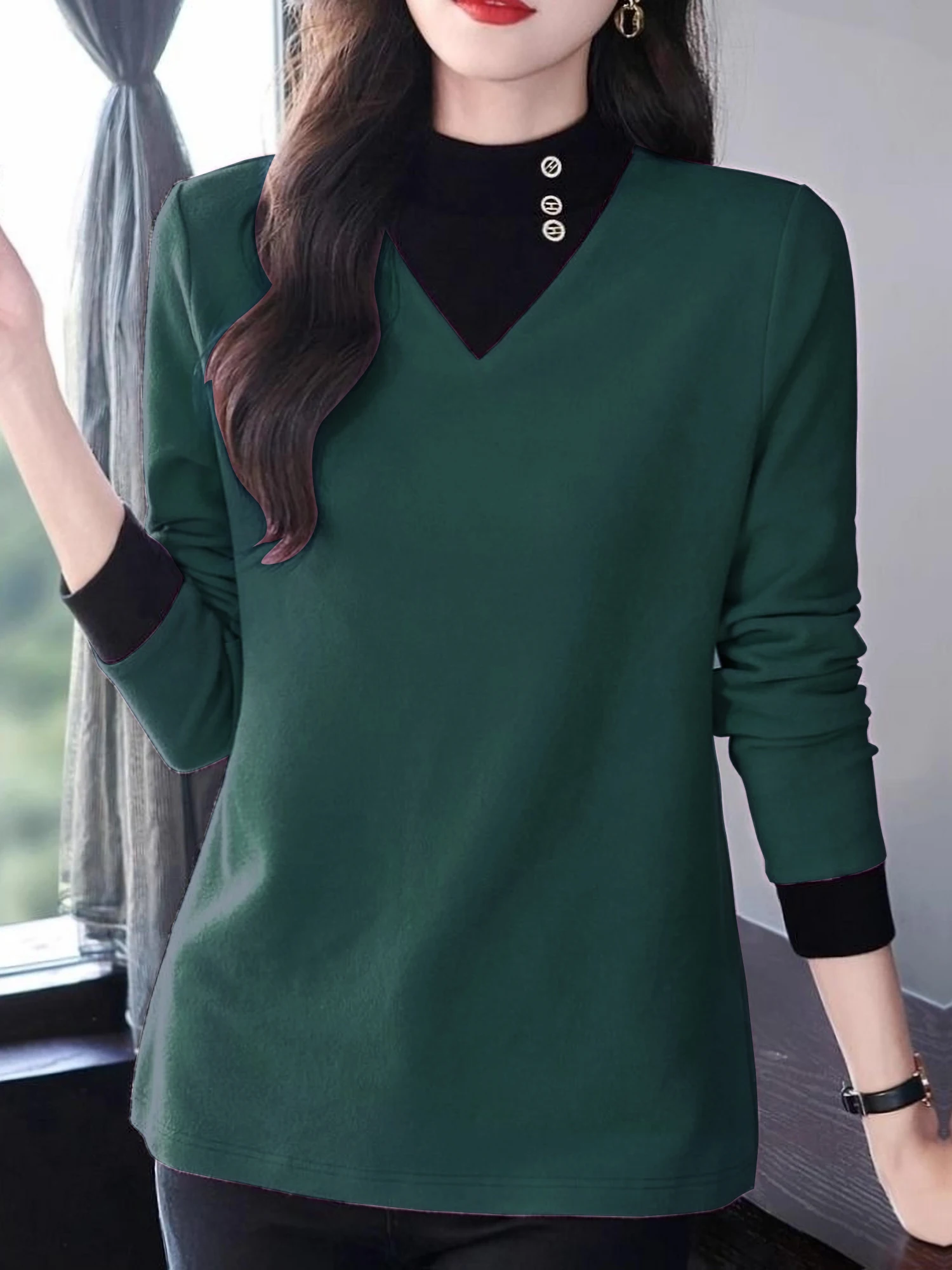 Hemd mit halbem Rollkragen für Damen, Herbst und Winter 2022, neues langärmeliges deutsches Samt-T-Shirt, doppelseitig gebürstetes Oberteil