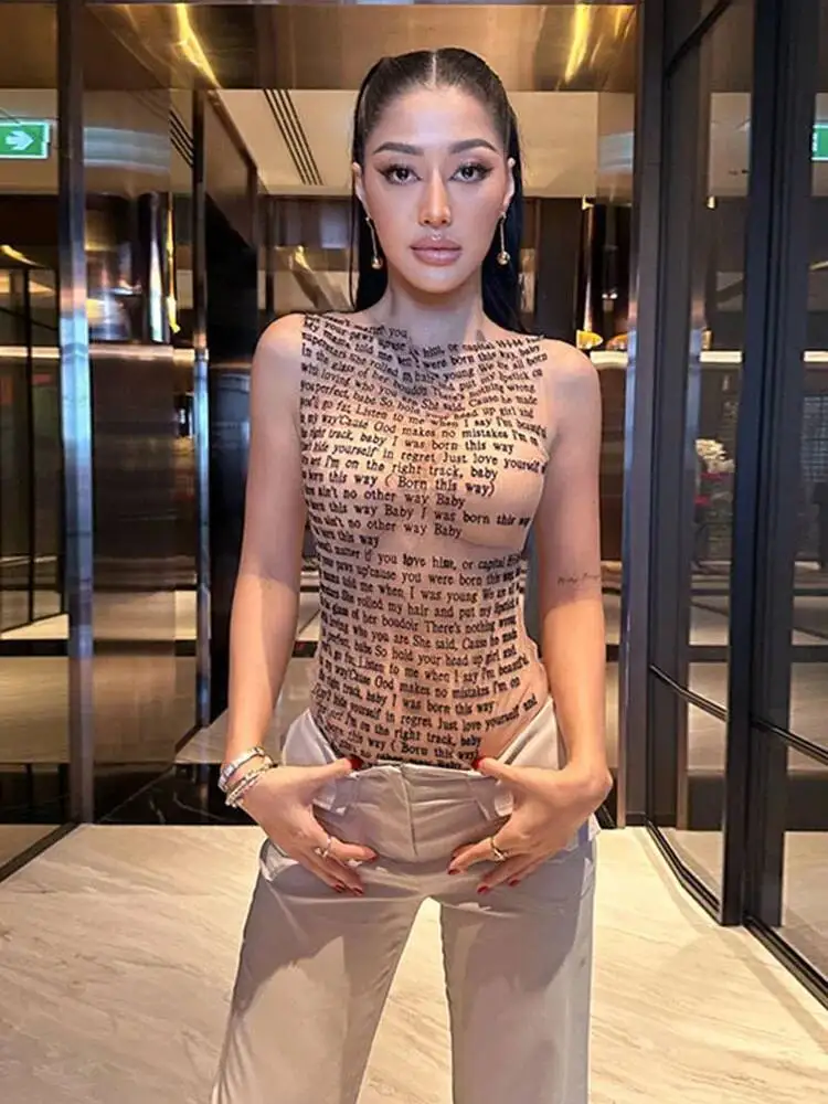 

Fashion Trendy Round Collar Sleeveless Tank Mesh Sexy Article Print Slim Casual Top Women Hipster Wear