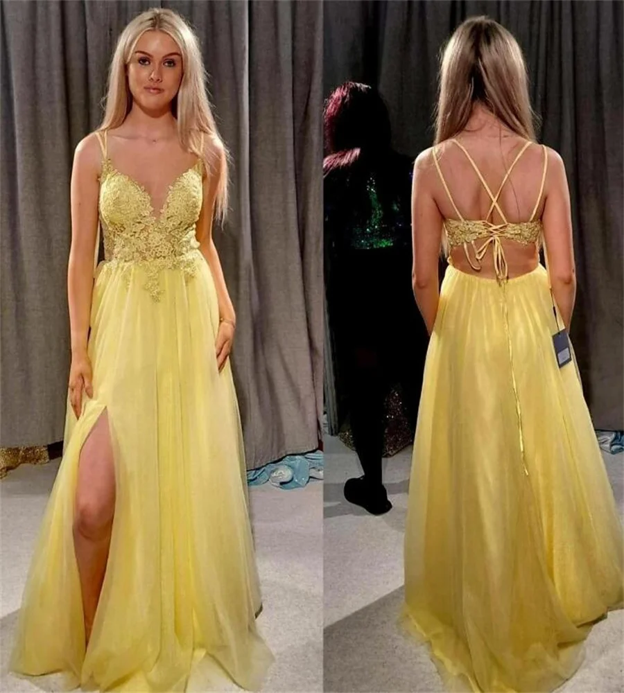 

Sexy Yellow A Line Prom Dress 2023 Lace Backless Slit Long Evening Dresses Tulle Floor Length Dinner Night Formal Party Gowns