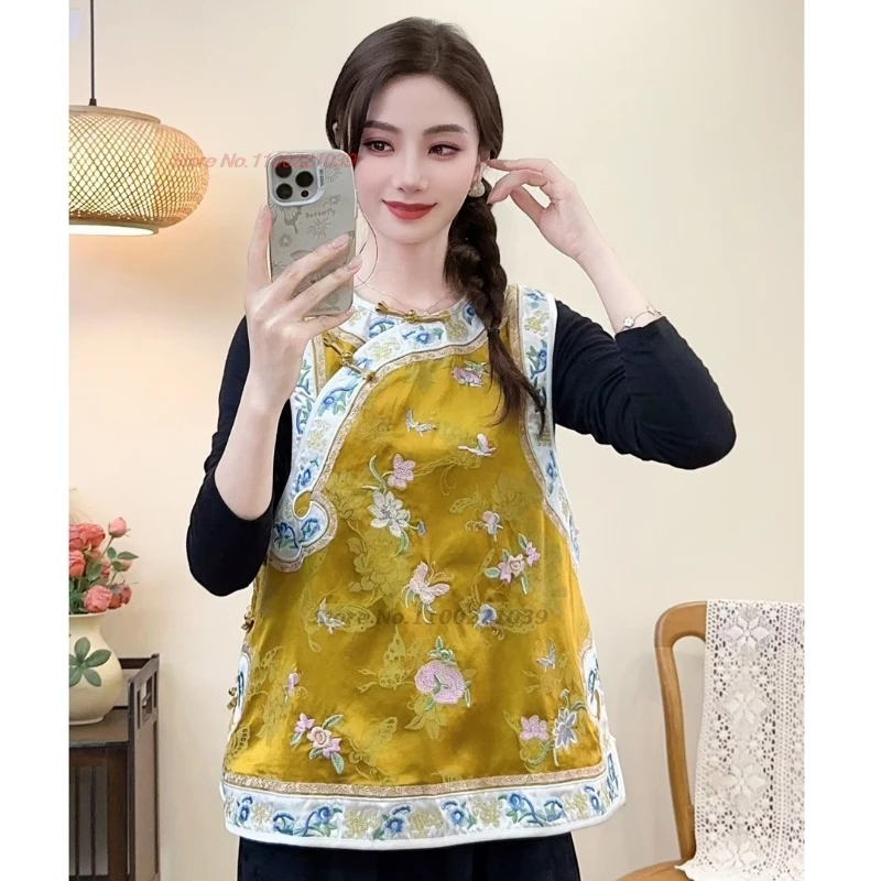 

2025 китайский винтажный жилет с национальной цветочной вышивкой, атласный жаккардовый жилет, топы ханьфу, восточный народный жилет с круглым вырезом, куртка без рукавов