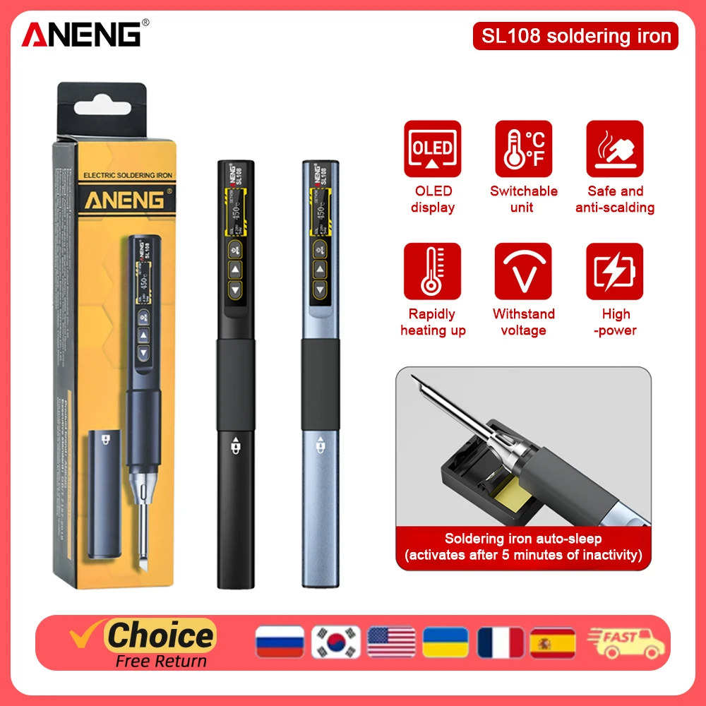 

Умный паяльник ANENG SL108: быстрый нагрев 96 Вт PD/QC, 200-450°C ° Регулируемая портативная паяльная станция с OLED-дисплеем