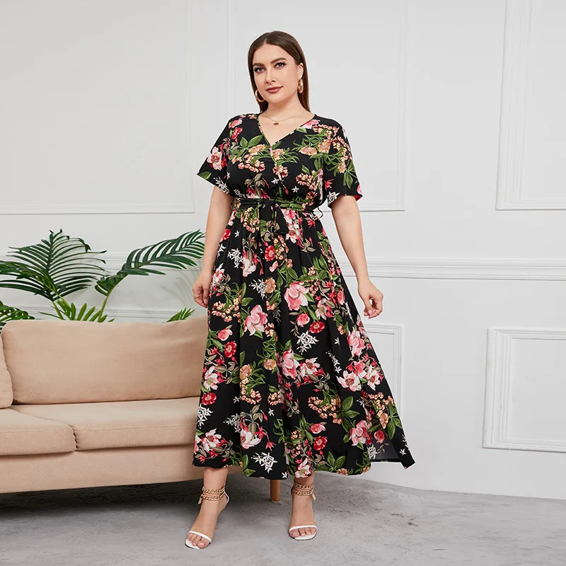 Women Summer Plus Size Floral Maxi Dress Short Sleeve V Neck Drawstring Waist Loose Fit A-Line Vacation Sundress