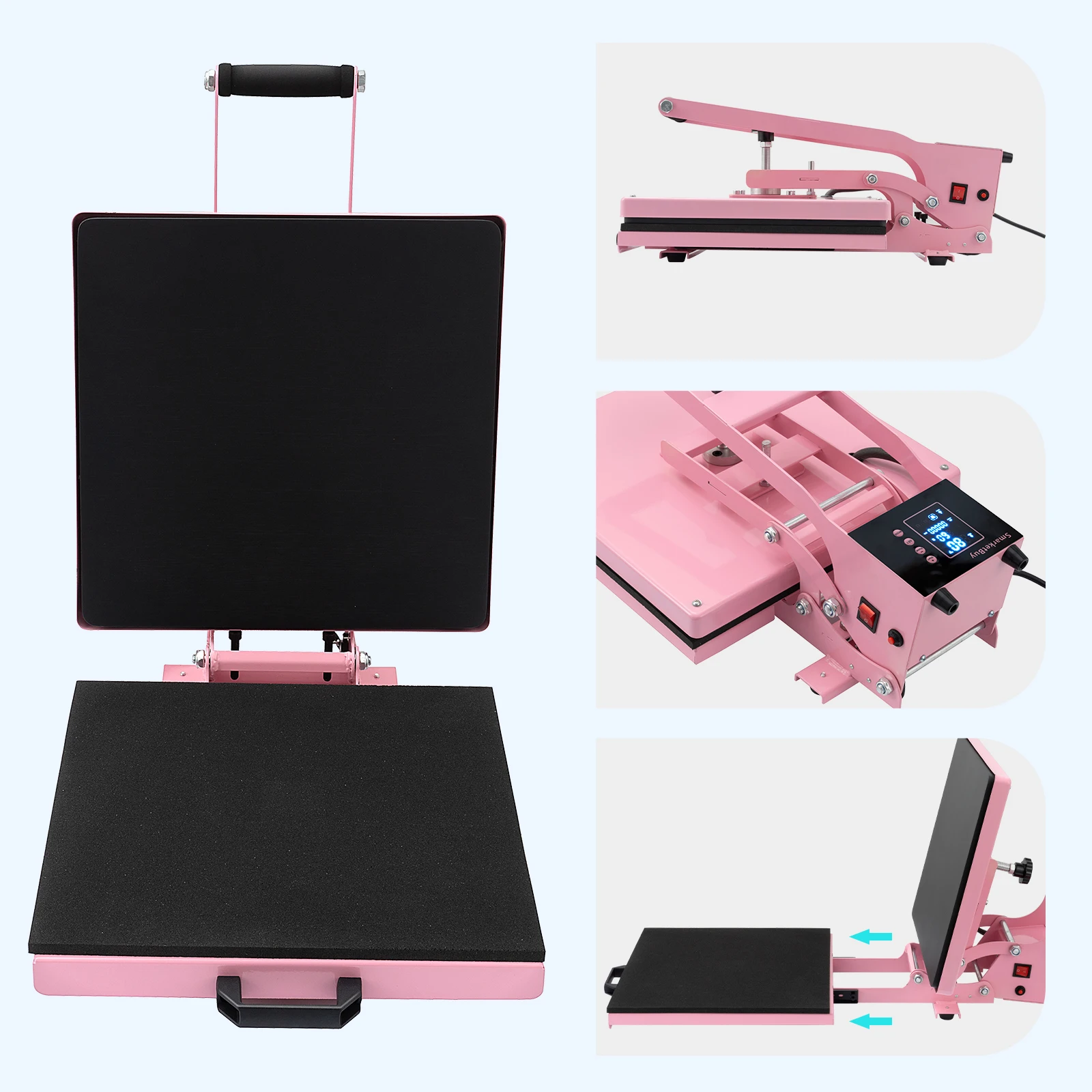 Heat Press Pink 15x15in Slide Out Heat Transfer Machine 2-Layer Insulation Cotton Digital Sublimation Machine for Bags/Pillows