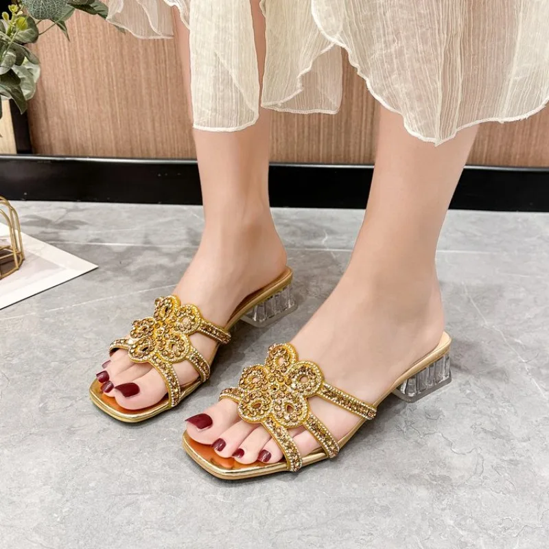 

2026 Women's Fashion Square Head Open Toe Crystal Flower Fine Strap Anti-slip Wear-resistant Sandals with Mid-heel Slippers