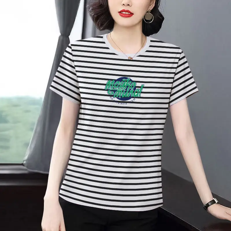 

Loose Striped T-Shirt Women's Short Sleeve Summer New Style Mom Casual Slimming Belly Covering Half Sleeve Fashionable Top Tr...