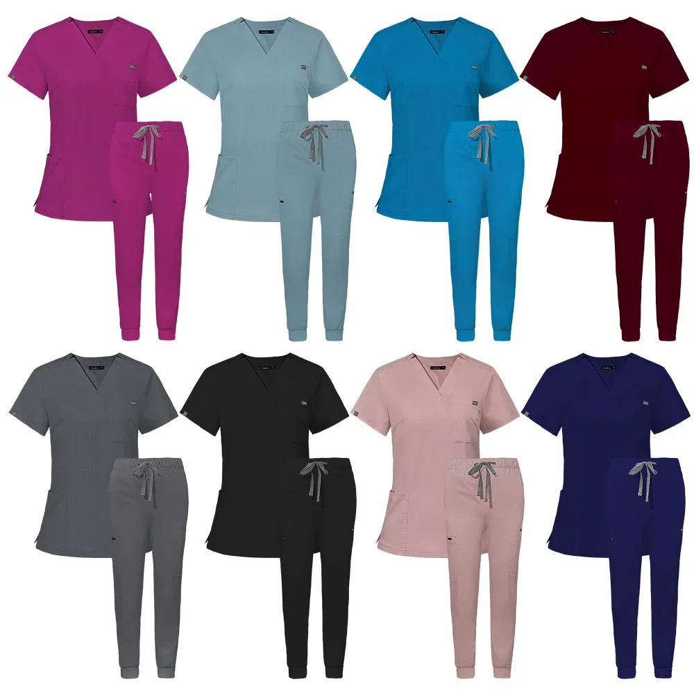 Pet Hospital Uniform Suits Unisex Solid Color Scrubs Sets Surgical Multifunctional Pocket V-neck Scrubs Set for Men Jogger Suits