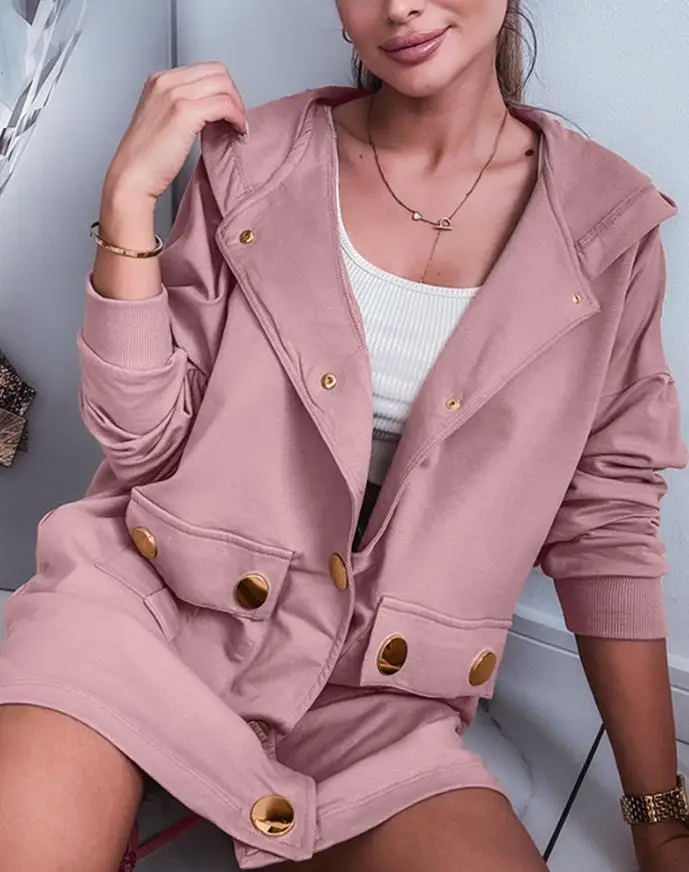 Women's Jacket 2025 Spring Snap Buttons Front Pocket Design Drawstring Back Hooded Jacket Casual Drop Shoulder Mid-Length Coat