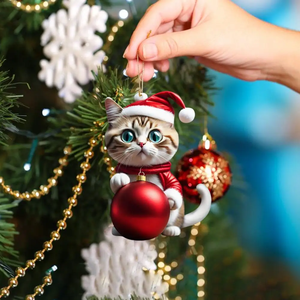 Christmas Cat Ornament Acrylic Cats With Santa Hat Pendant Cute Cartoon Cats Ball Ornament 2D Flat Kitty Xmas Tree Hanging Decor